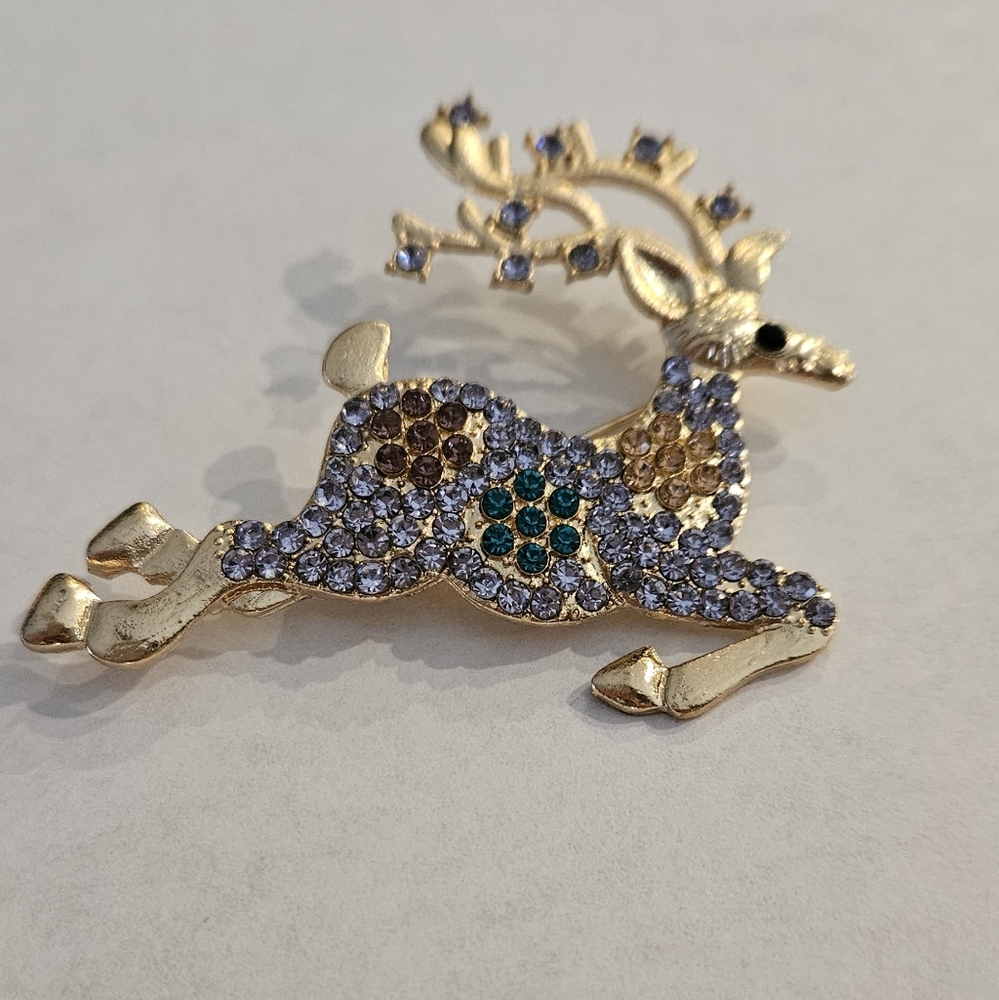 Reindeer Brooch Pin Christmas Gold Tone Running Jumping Rhinestones Crystals